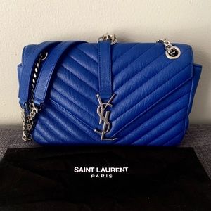 YSL YVES SAINT LAURENT Medium Chevron  Monogram Leather Shoulder Bag Blue Purse